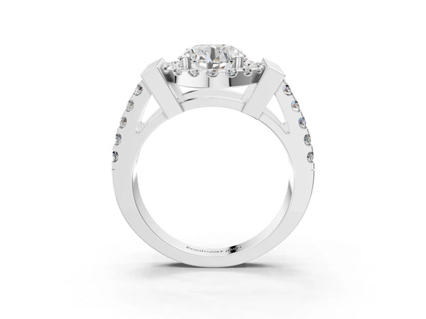 White Gold Round Halo Engagement Ring Setting with Bar Shoulders