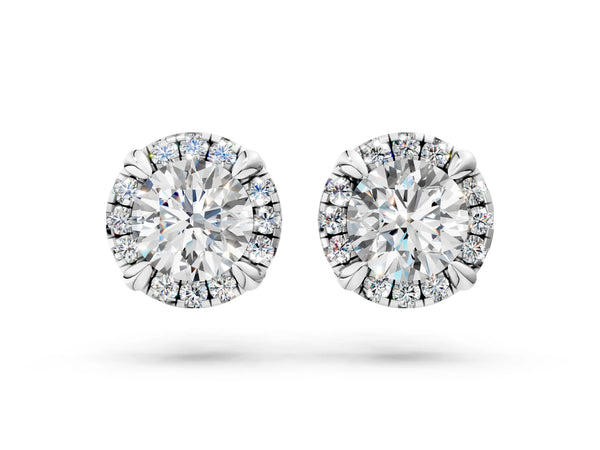 White gold Round Cut Diamond Halo Stud Earrings with Pavé Accents