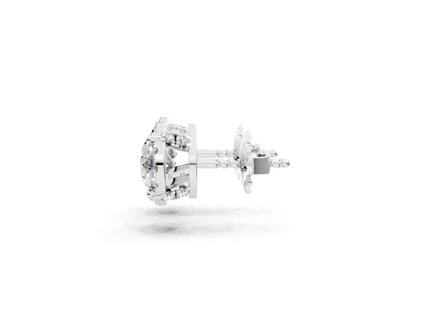Silver Round Cut Diamond Halo Stud Earrings with Pavé Accents