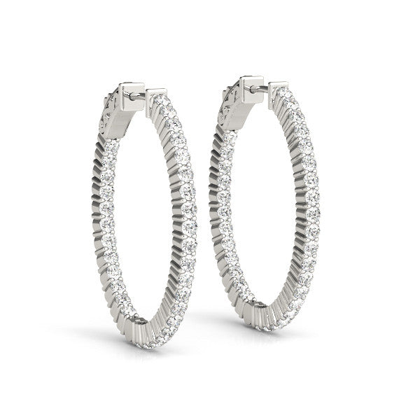 White gold Round Cut Diamond Hoop Earrings with Channel Setting and Four-Prong Setting