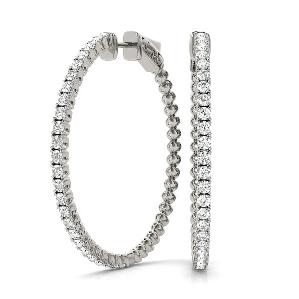 White gold Round Cut Diamond Hoop Earrings with Pavé Setting and Prong Set Stones