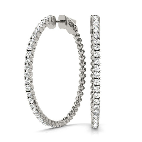 White gold Round Cut Diamond Hoop Earrings with Pavé Setting and Prong Set Stones