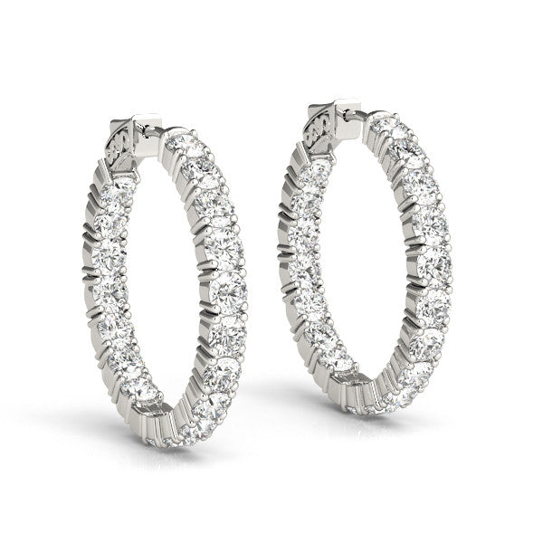 White gold Round Cut Diamond Inside-Out Hoop Earrings with Shared Prong Setting