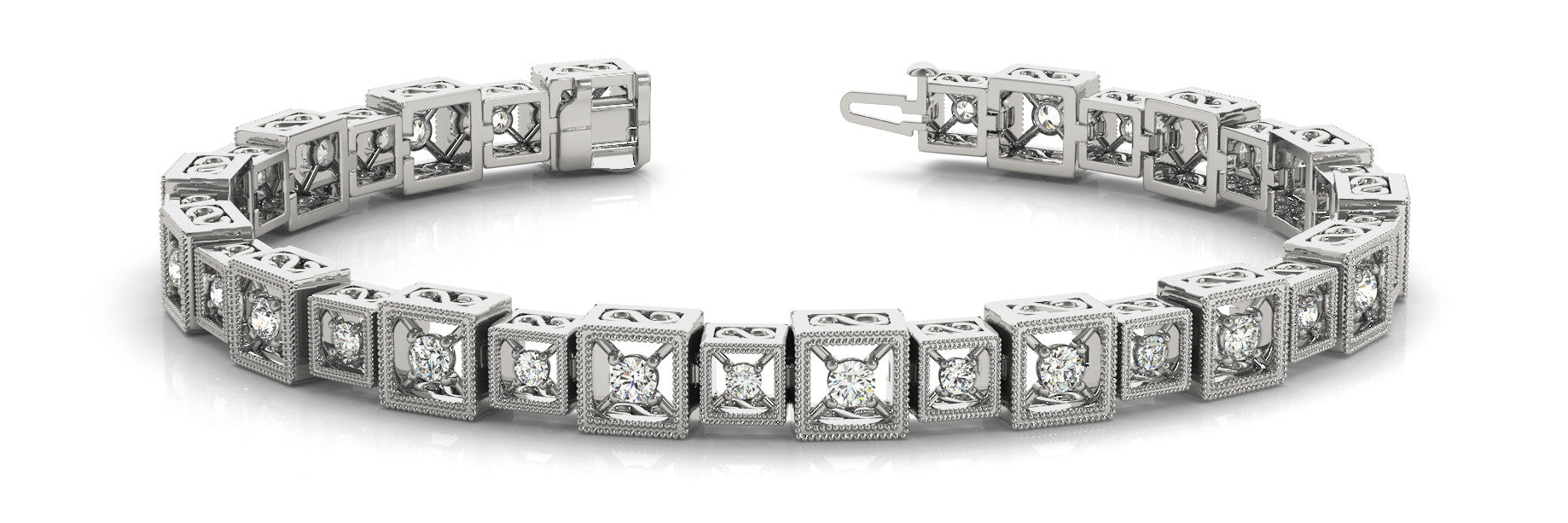 White gold Round Cut Diamond Milgrain Box Link Bracelet with Four-Prong Setting