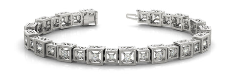 White gold Round Cut Diamond Milgrain Box Link Bracelet with Four-Prong Setting
