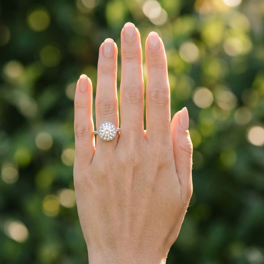 White gold Round Cut Diamond Milgrain Floral Halo Engagement Ring with Pavé Band