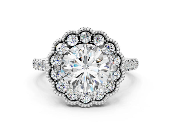 White gold Round Cut Diamond Milgrain Floral Halo Engagement Ring with Pavé Band
