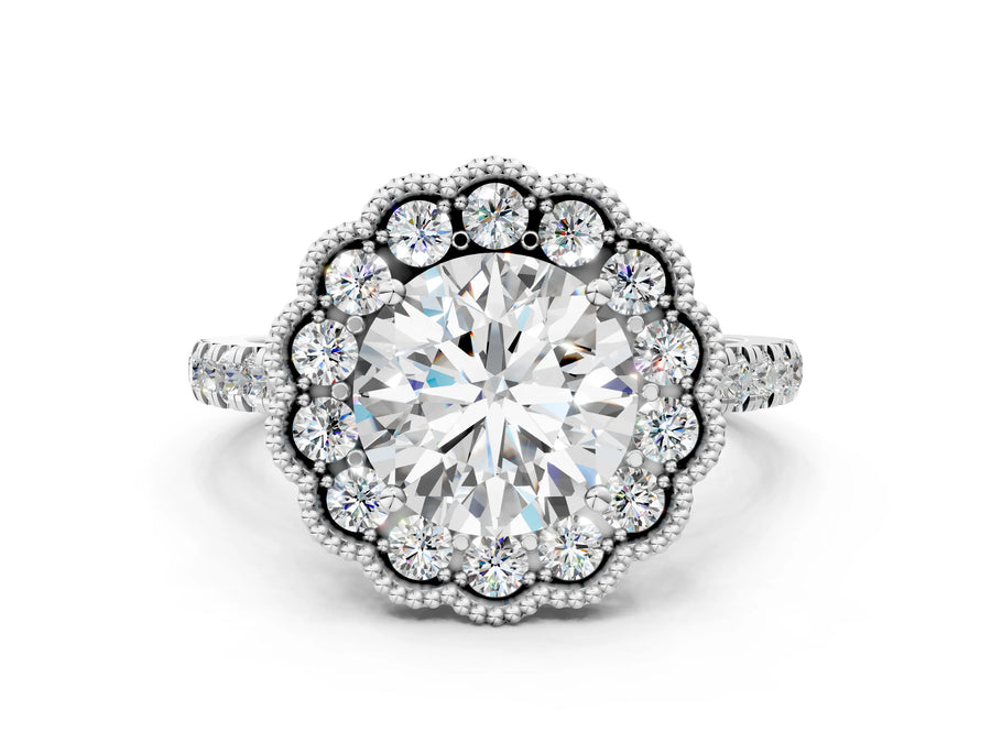 White gold Round Cut Diamond Milgrain Floral Halo Engagement Ring with Pavé Band