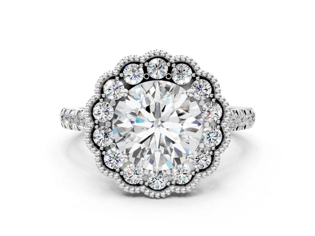 White gold Round Cut Diamond Milgrain Floral Halo Engagement Ring with Pavé Band_40