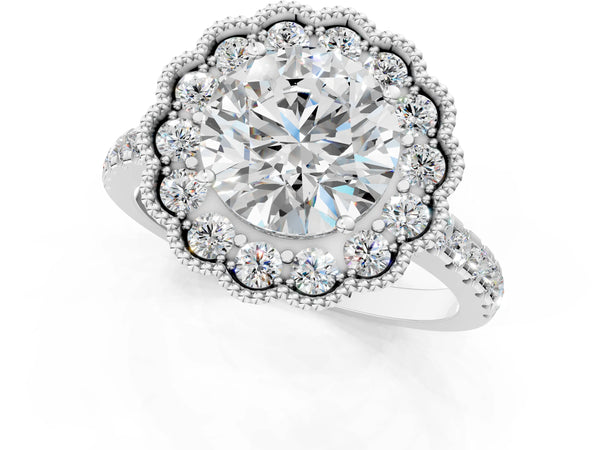 White gold Round Cut Diamond Milgrain Floral Halo Engagement Ring with Pavé Band