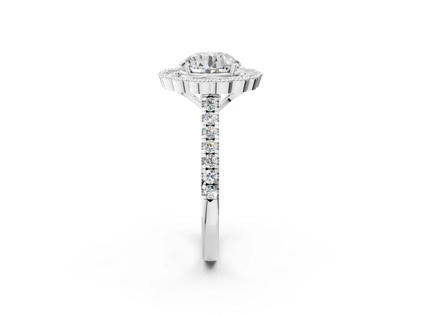 White gold Round Cut Diamond Milgrain Floral Halo Engagement Ring with Pavé Band