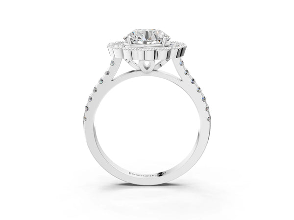 White gold Round Cut Diamond Milgrain Floral Halo Engagement Ring with Pavé Band