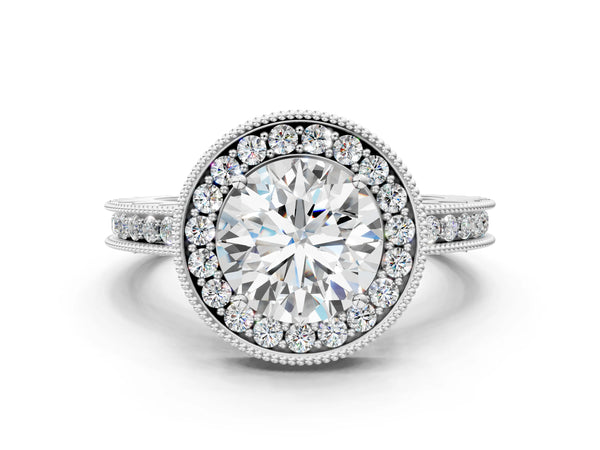 White gold Round Cut Diamond Milgrain Halo Engagement Ring with Round Pavé Band and Prong Setting