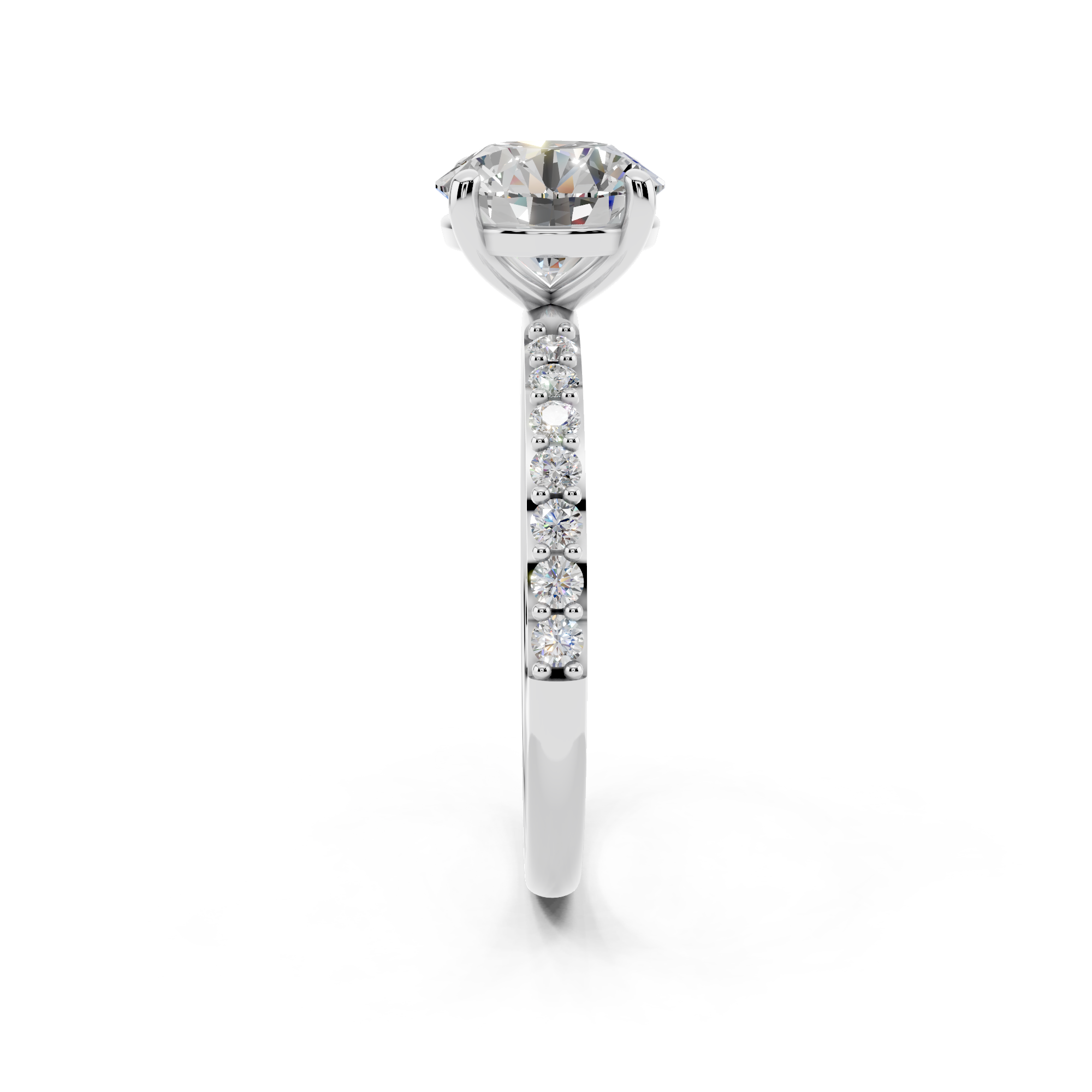 White gold Round Cut Diamond Pavé Band Solitaire Ring with Four-Prong Setting_12