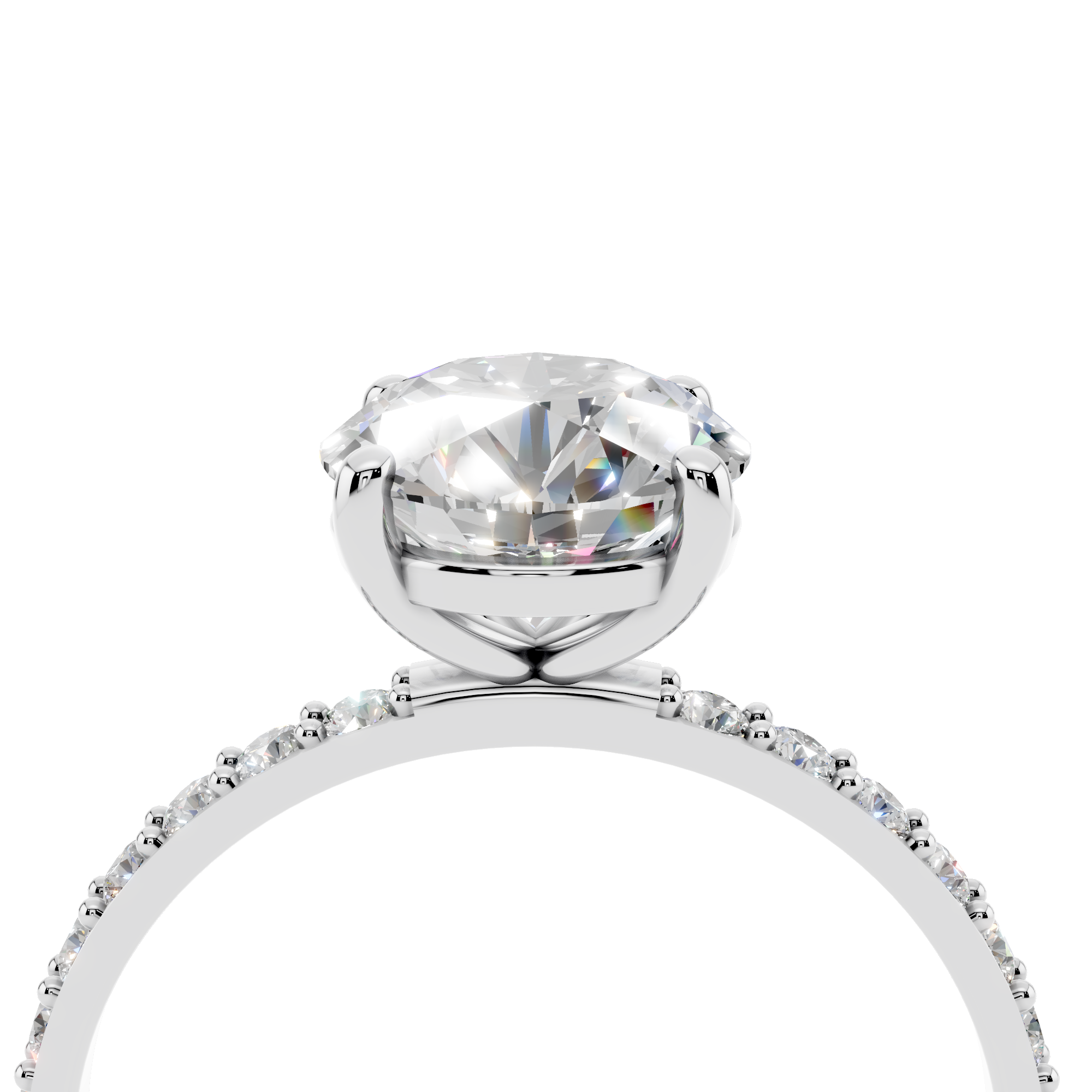 White gold Round Cut Diamond Pavé Band Solitaire Ring with Four-Prong Setting_14