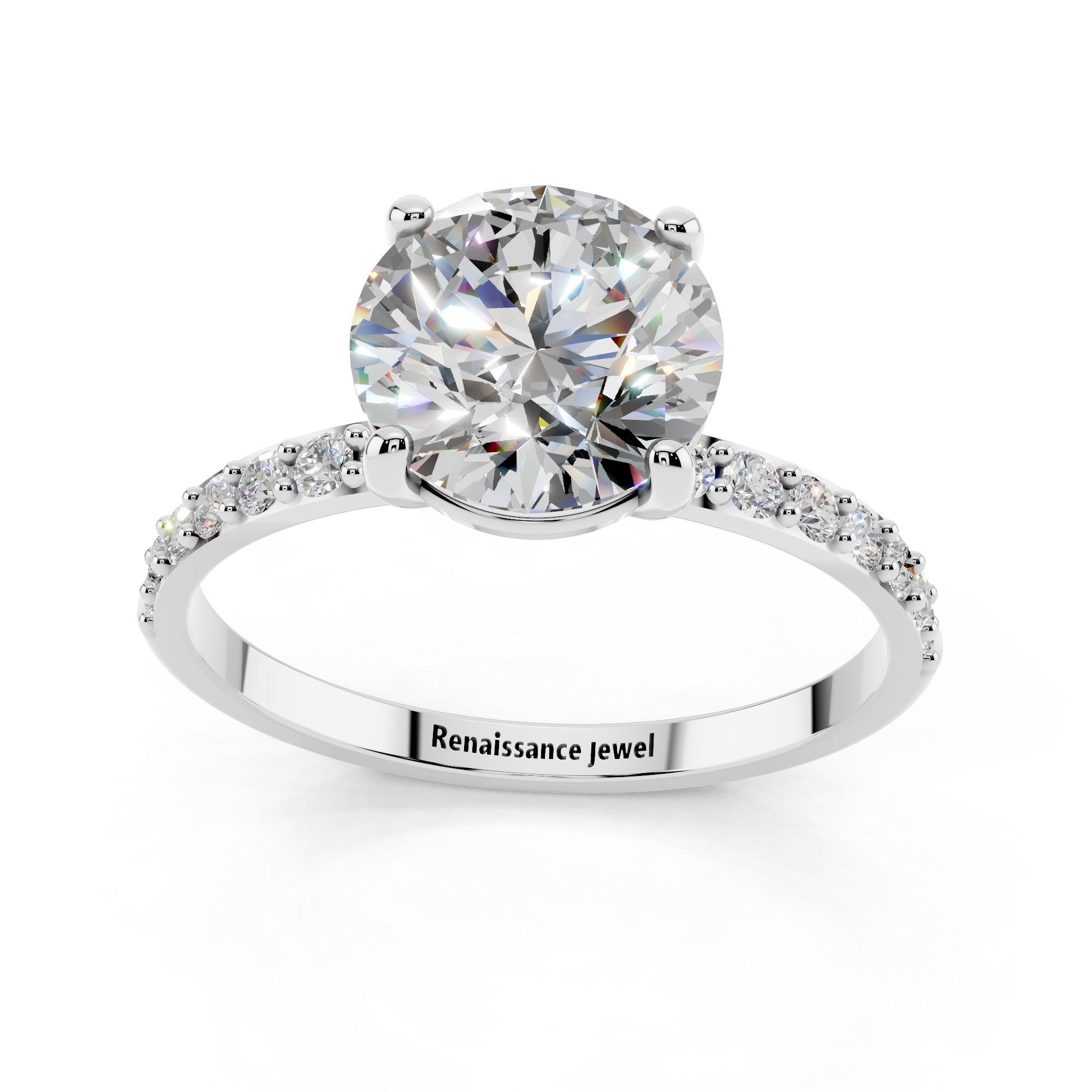 White gold Round Cut Diamond Pavé Band Solitaire Ring with Four-Prong Setting_9