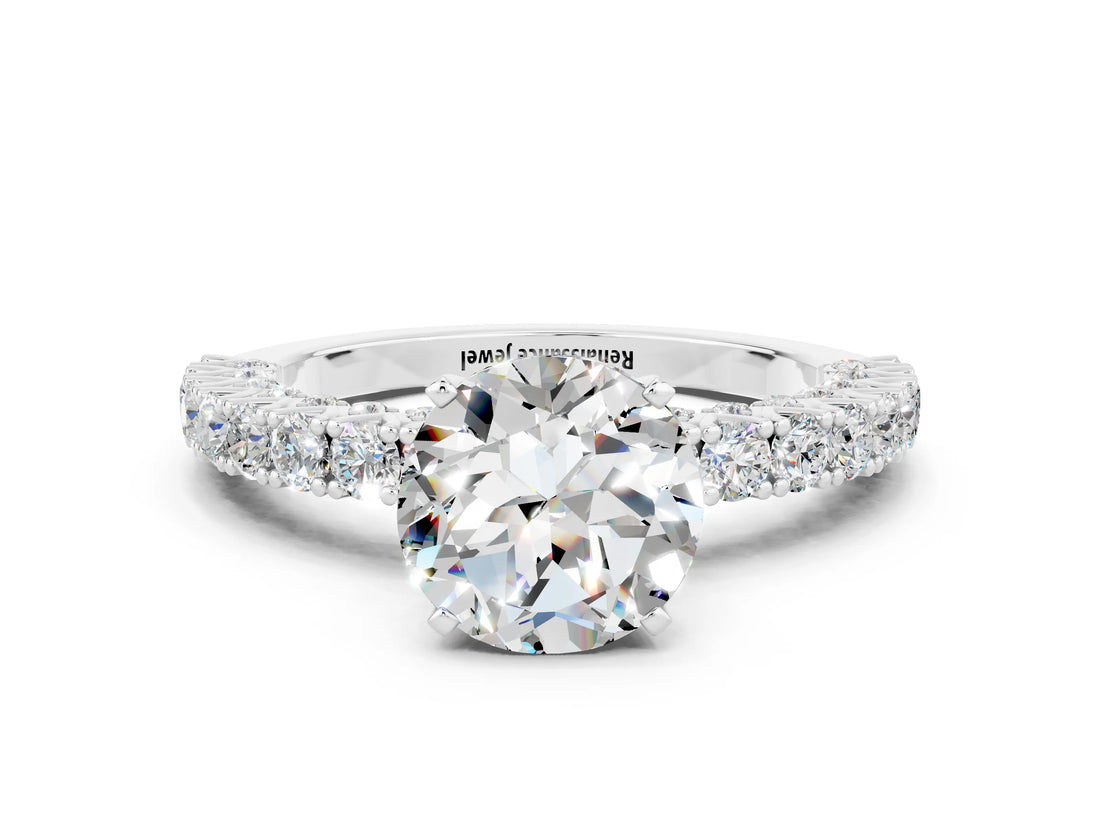White gold Round Cut Diamond Pavé Band Solitaire Ring with Prong Setting