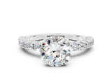 White gold Round Cut Diamond Pavé Band Solitaire Ring with Prong Setting