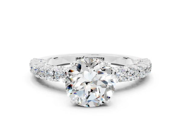 Platinum Round Cut Diamond Pavé Band Solitaire Ring with Prong Setting