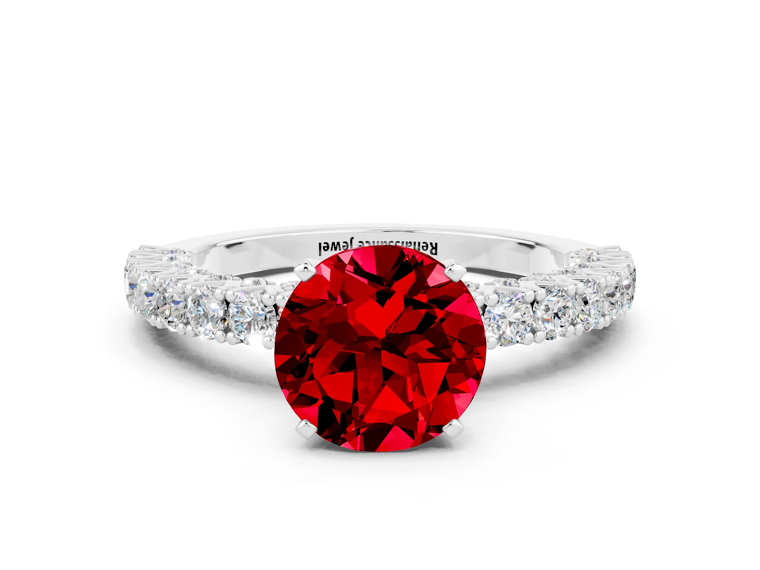 White gold Round Cut Diamond Pavé Band Solitaire Ring with Prong Setting