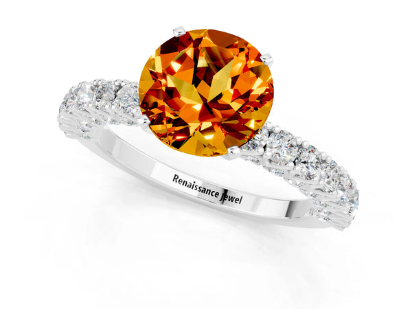 White gold Round Cut Diamond Pavé Band Solitaire Ring with Prong Setting