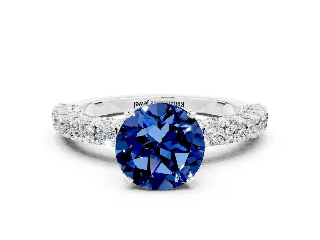 White gold Round Cut Diamond Pavé Band Solitaire Ring with Prong Setting_12