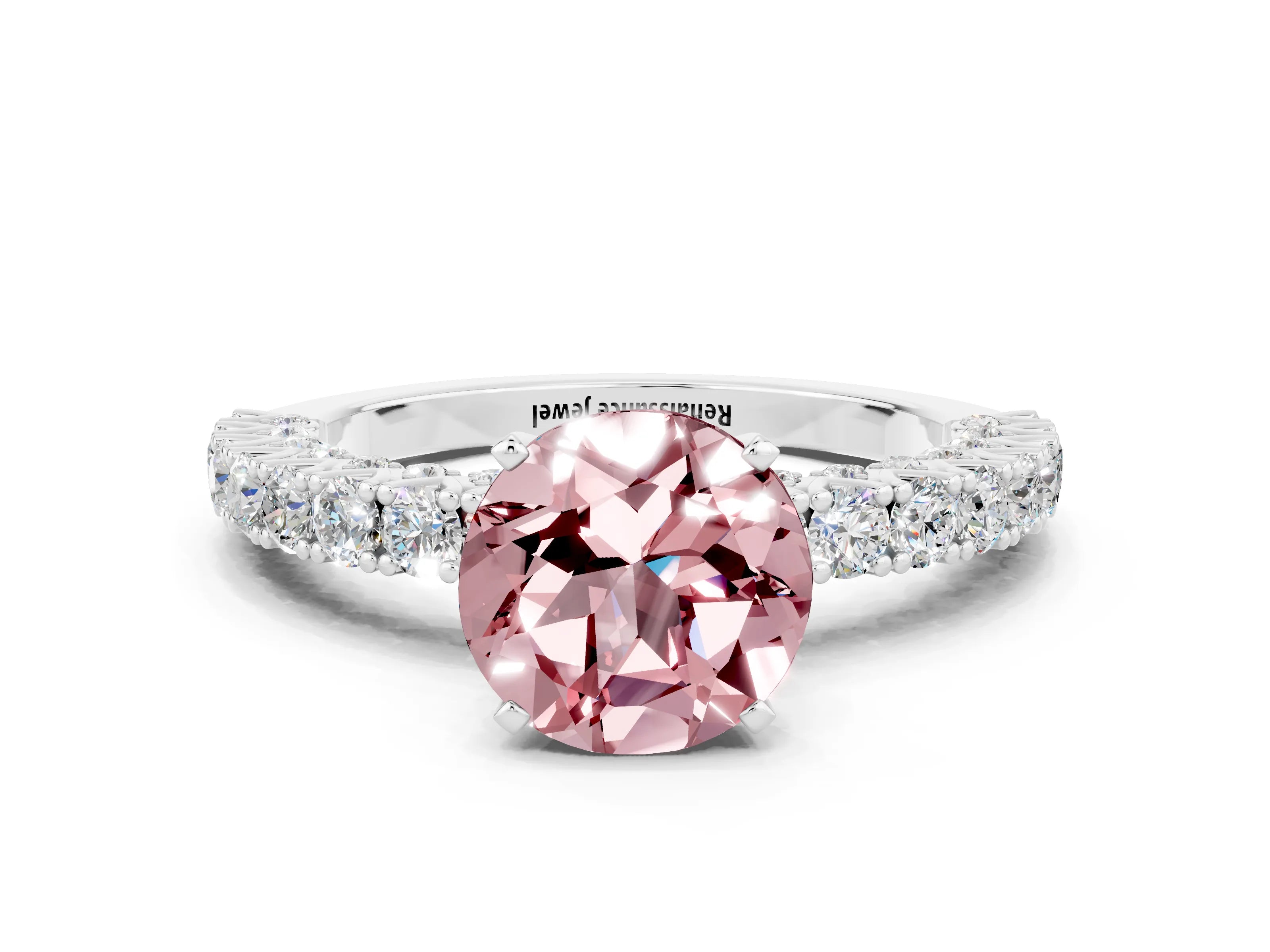 White gold Round Cut Diamond Pavé Band Solitaire Ring with Prong Setting_12