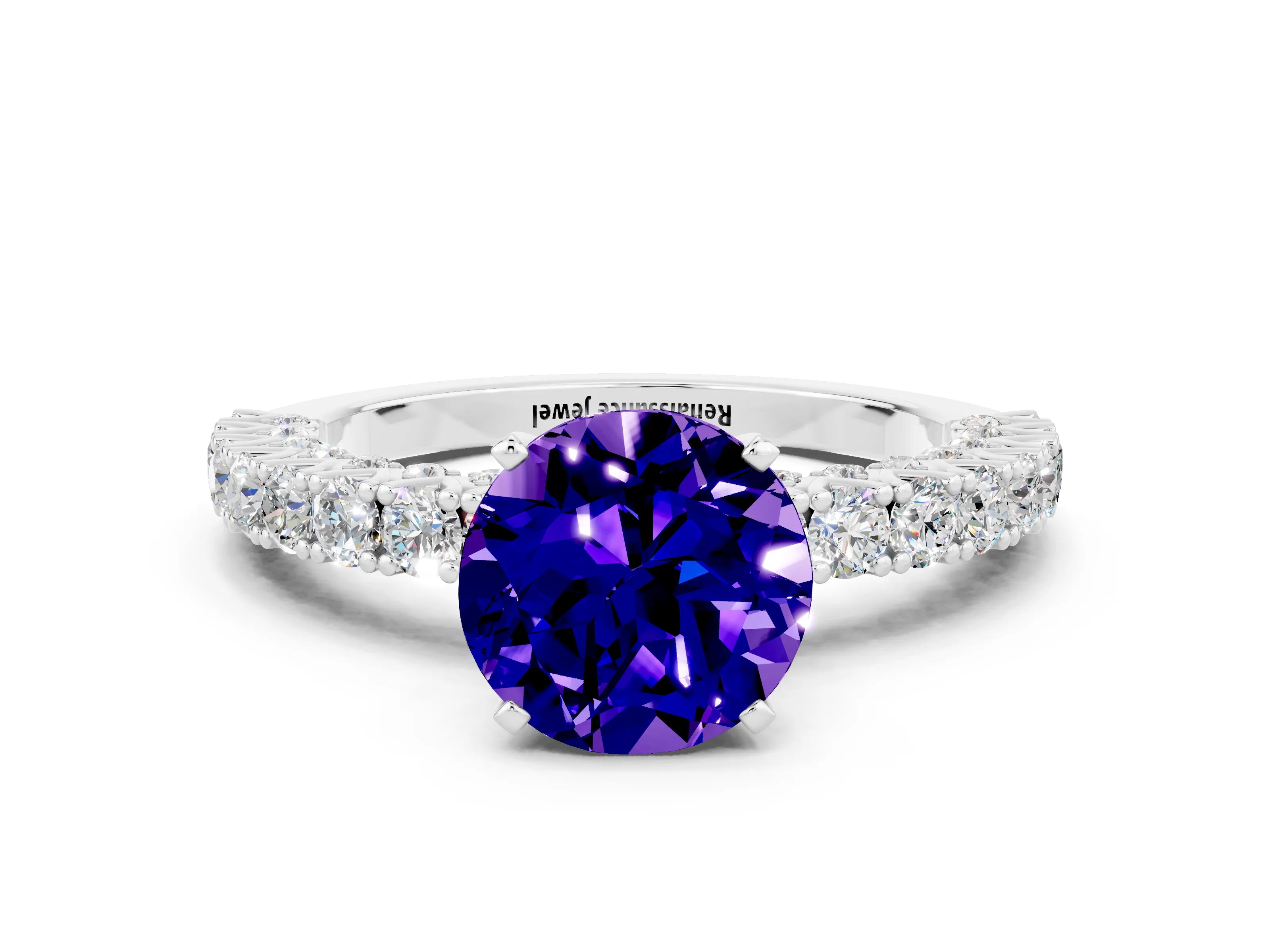 White gold Round Cut Diamond Pavé Band Solitaire Ring with Prong Setting_12