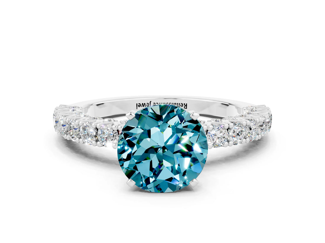 White gold Round Cut Diamond Pavé Band Solitaire Ring with Prong Setting_12