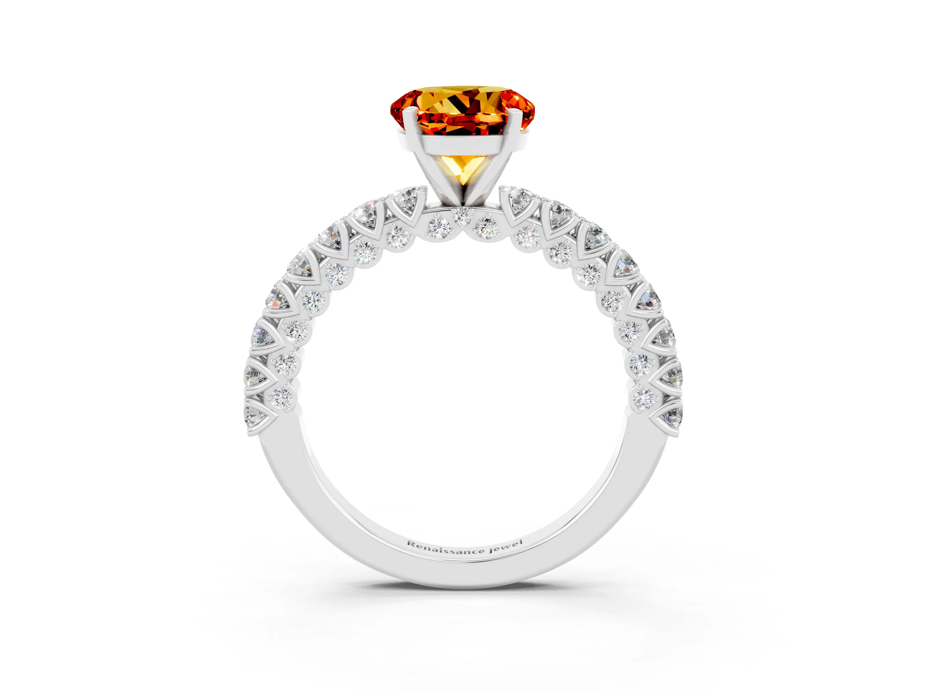 White gold Round Cut Diamond Pavé Band Solitaire Ring with Prong Setting_12
