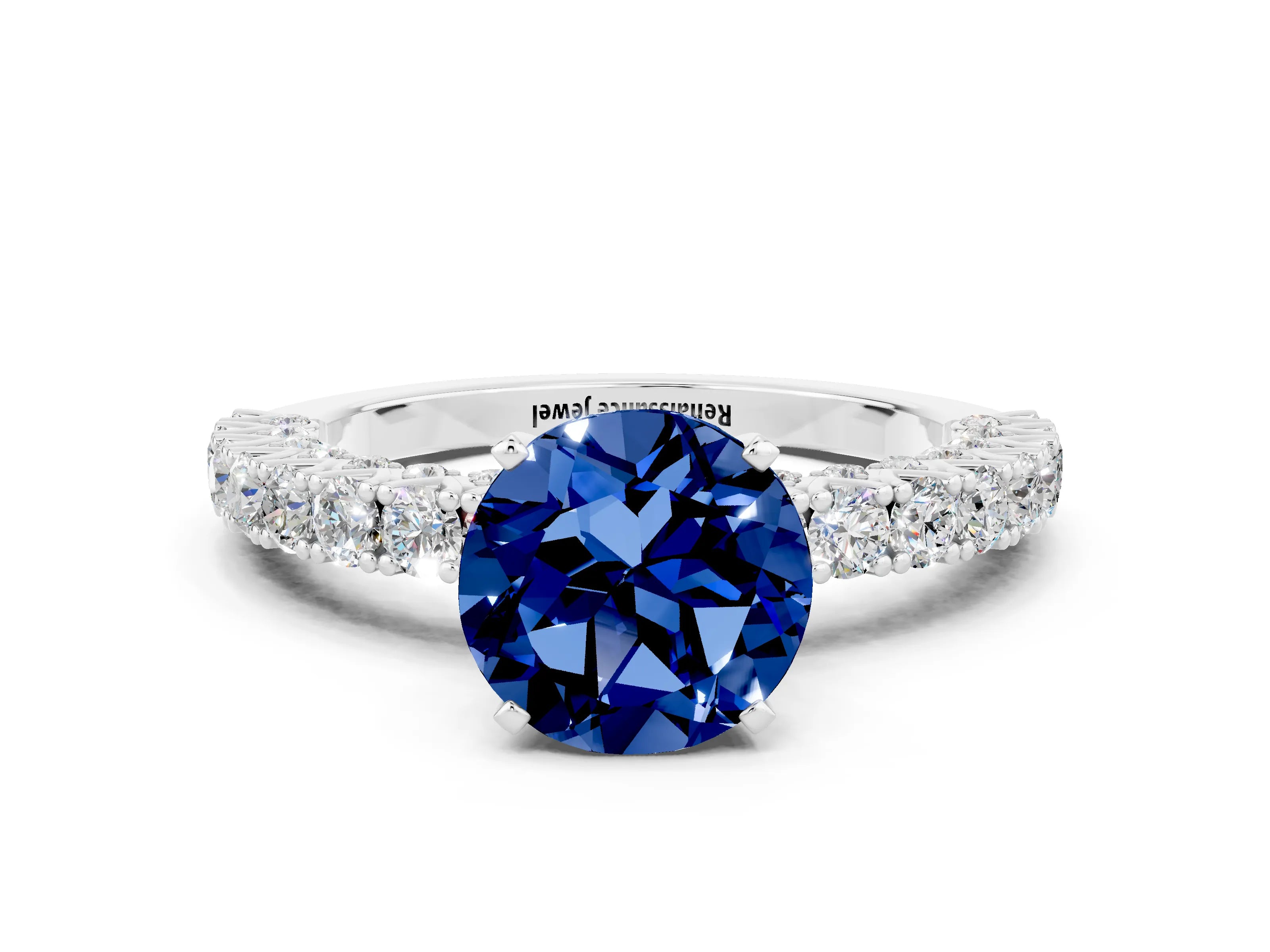 White gold Round Cut Diamond Pavé Band Solitaire Ring with Prong Setting_12
