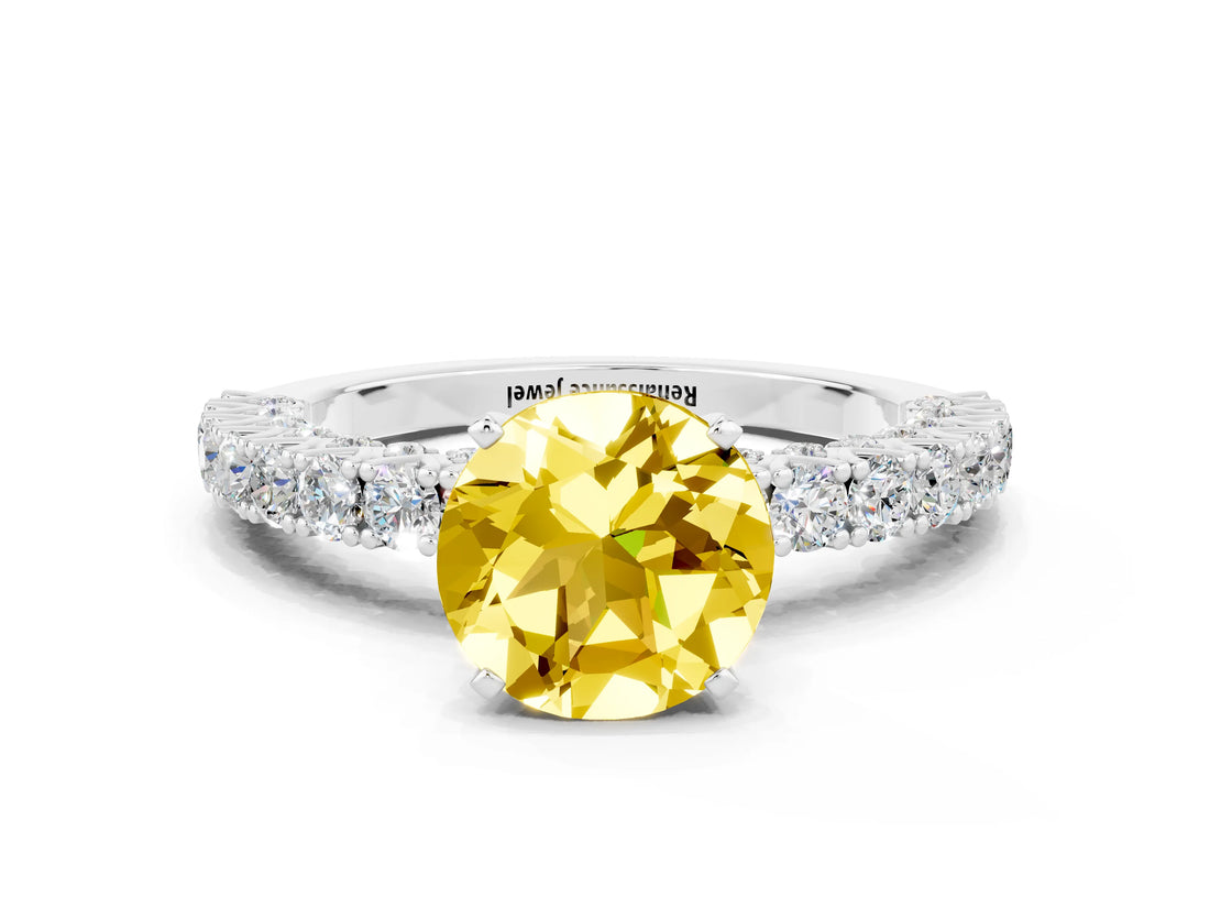 White gold Round Cut Diamond Pavé Band Solitaire Ring with Prong Setting_12