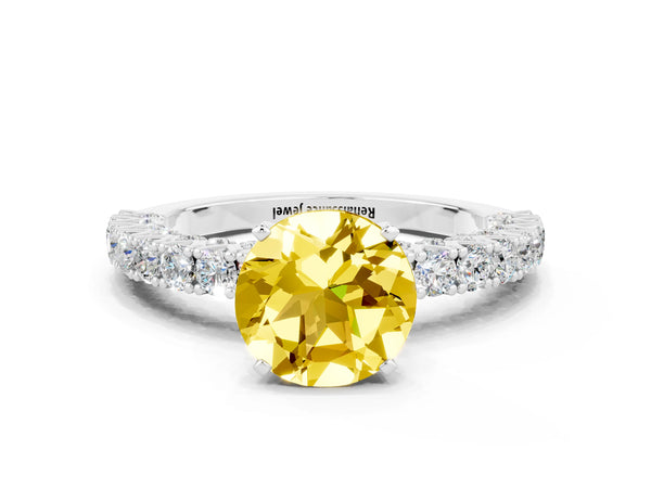 White gold Round Cut Diamond Pavé Band Solitaire Ring with Prong Setting