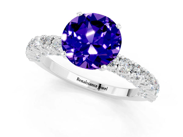 Silver Round Cut Diamond Pavé Band Solitaire Ring with Prong Setting
