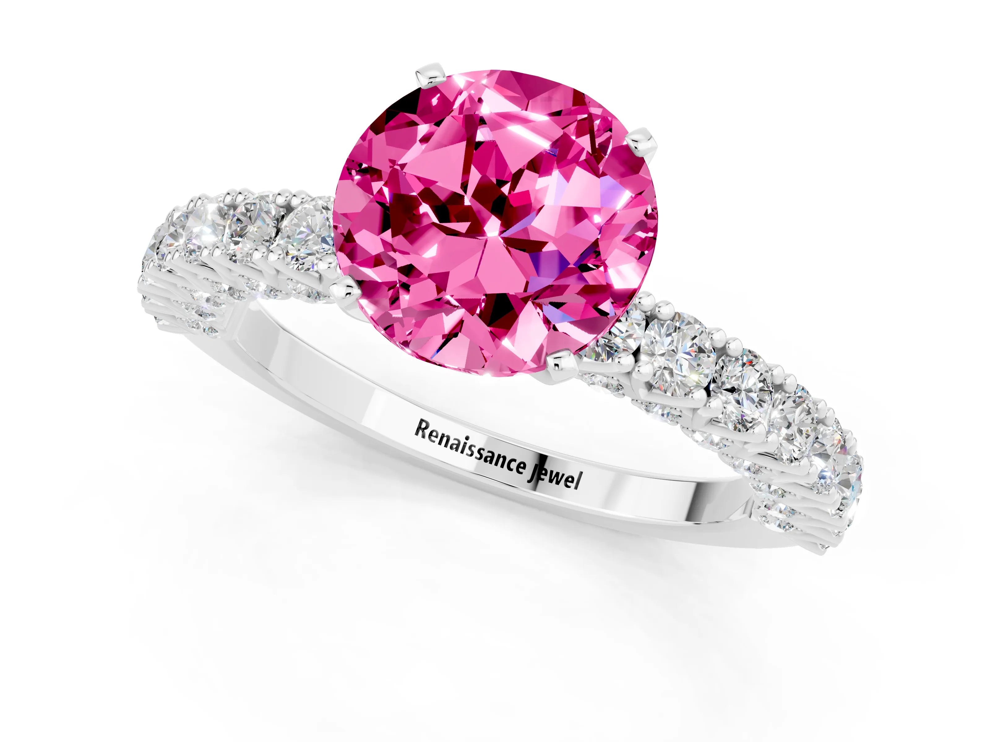 White gold Round Cut Diamond Pavé Band Solitaire Ring with Prong Setting_13