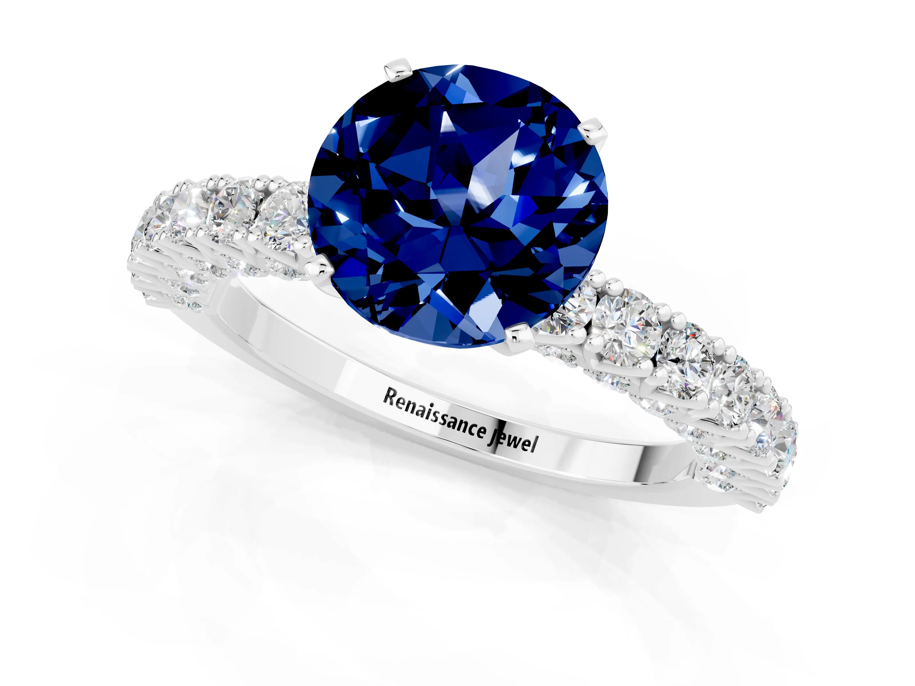 White gold Round Cut Diamond Pavé Band Solitaire Ring with Prong Setting_13
