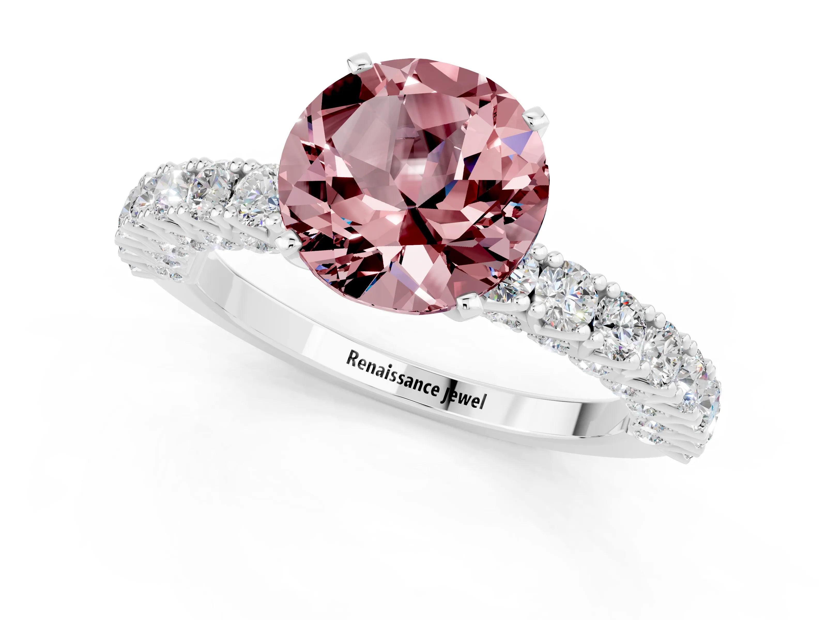 White gold Round Cut Diamond Pavé Band Solitaire Ring with Prong Setting_13