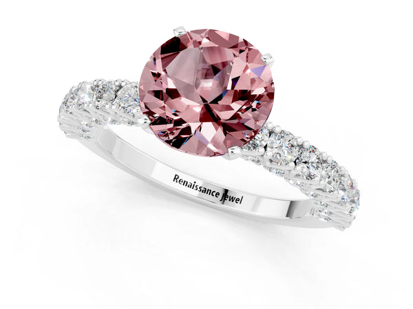 Silver Round Cut Diamond Pavé Band Solitaire Ring with Prong Setting