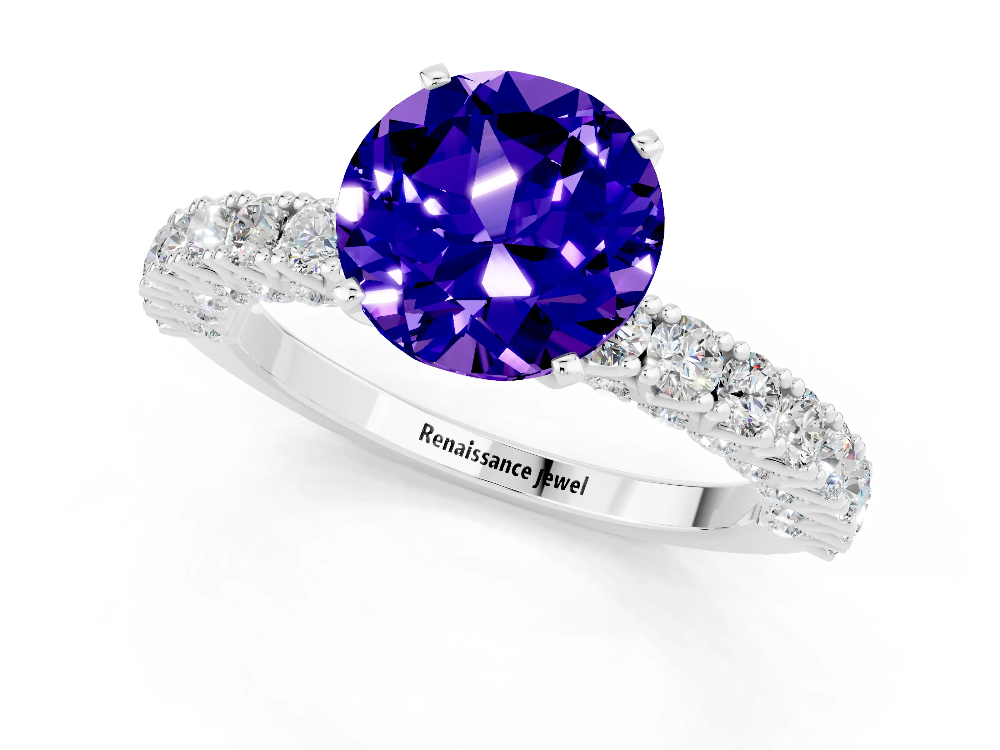 White gold Round Cut Diamond Pavé Band Solitaire Ring with Prong Setting_13
