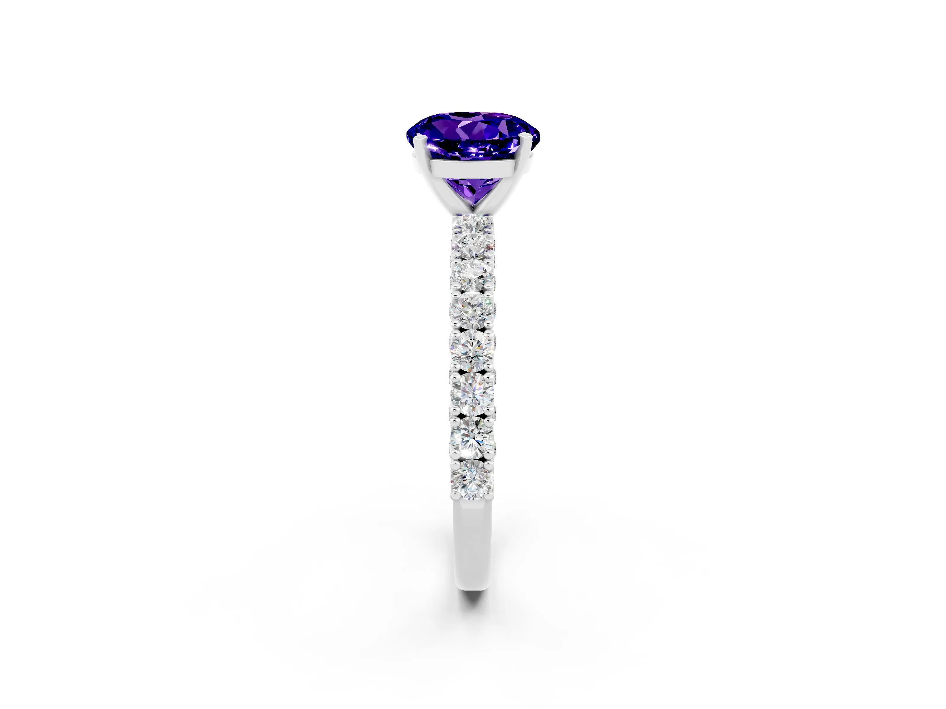 White gold Round Cut Diamond Pavé Band Solitaire Ring with Prong Setting_14