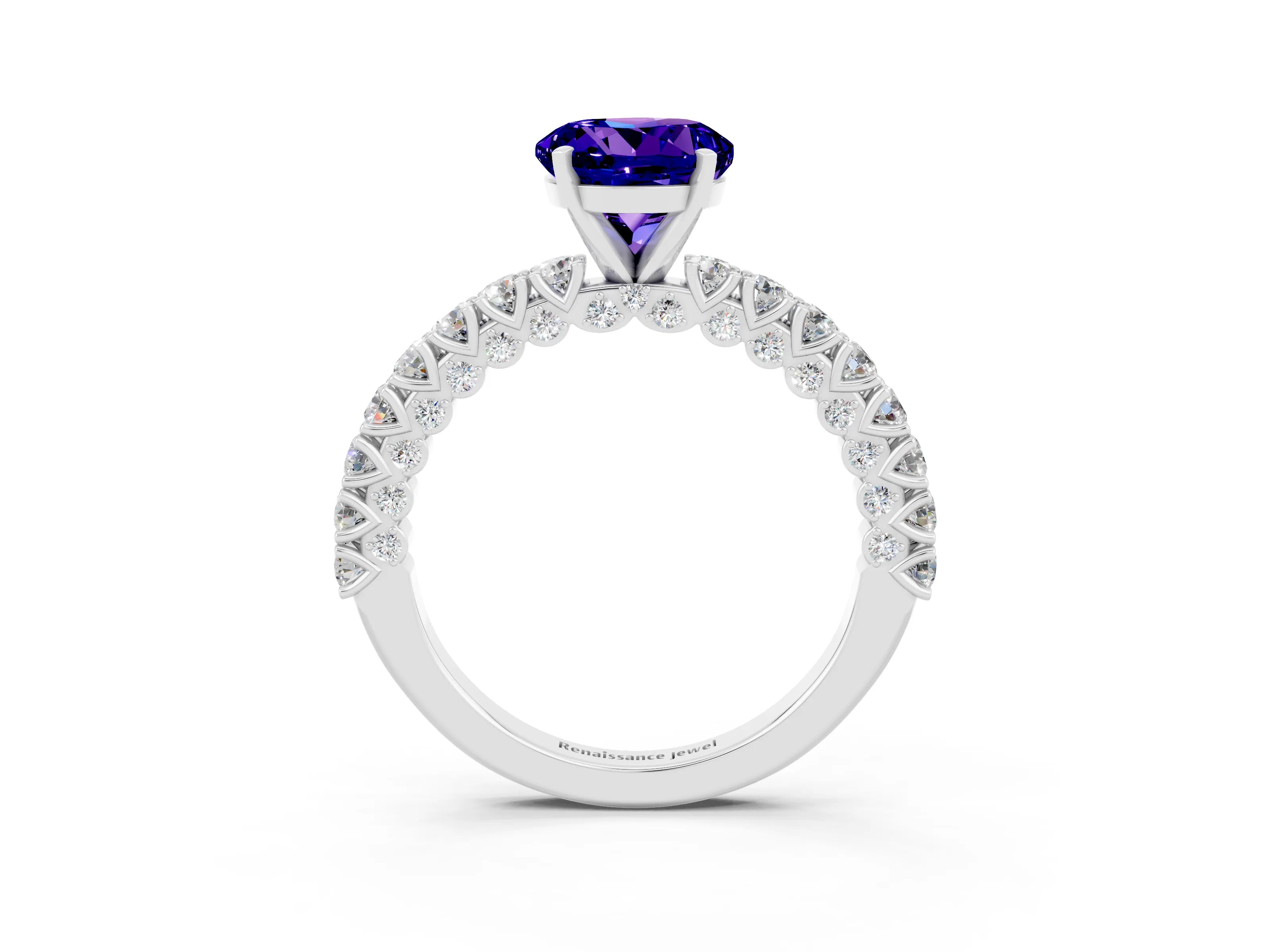 White gold Round Cut Diamond Pavé Band Solitaire Ring with Prong Setting_15