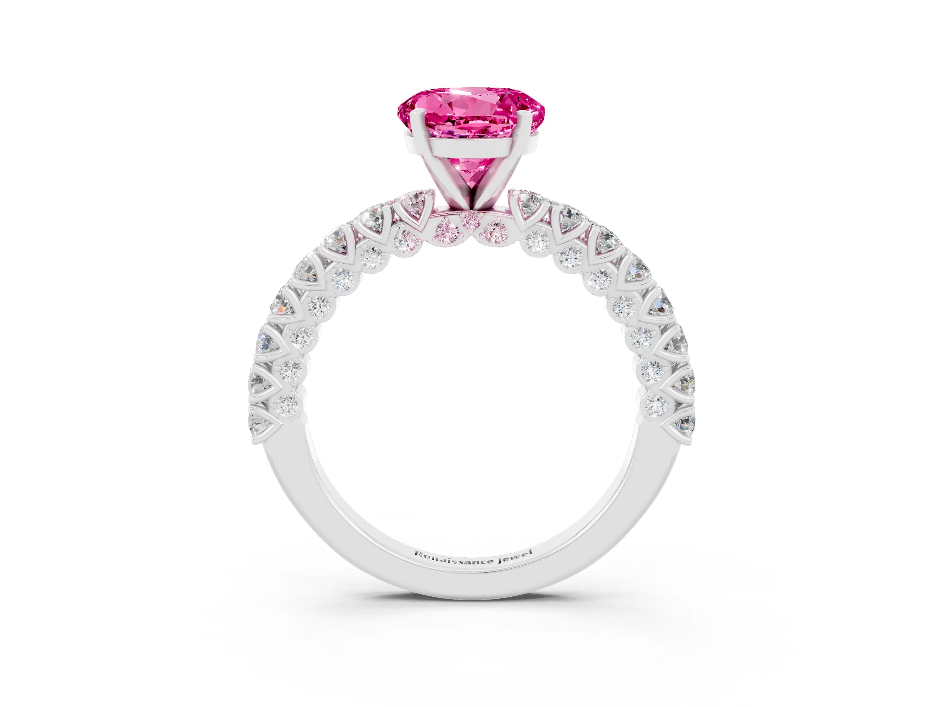 White gold Round Cut Diamond Pavé Band Solitaire Ring with Prong Setting_15