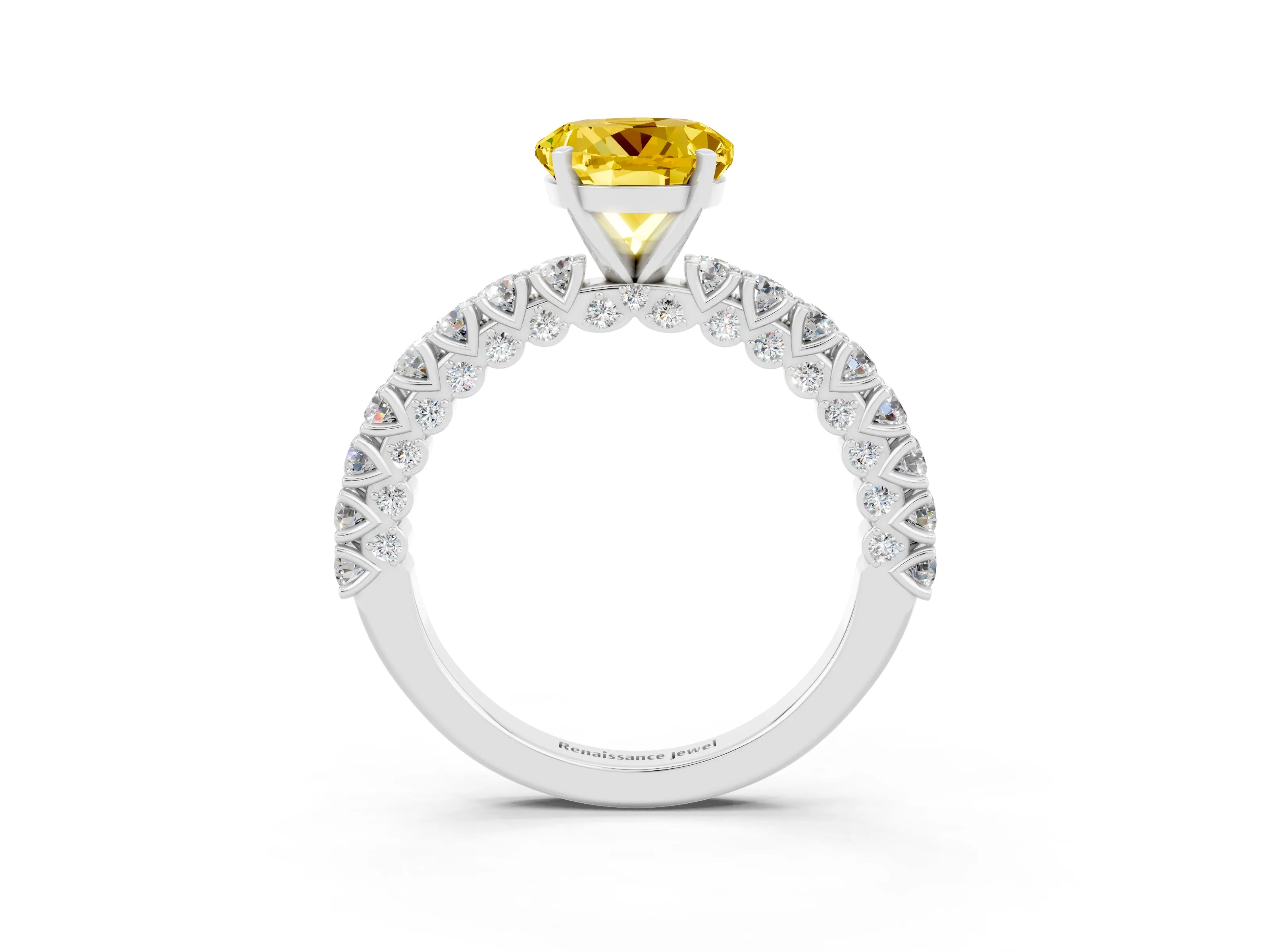 White gold Round Cut Diamond Pavé Band Solitaire Ring with Prong Setting_15