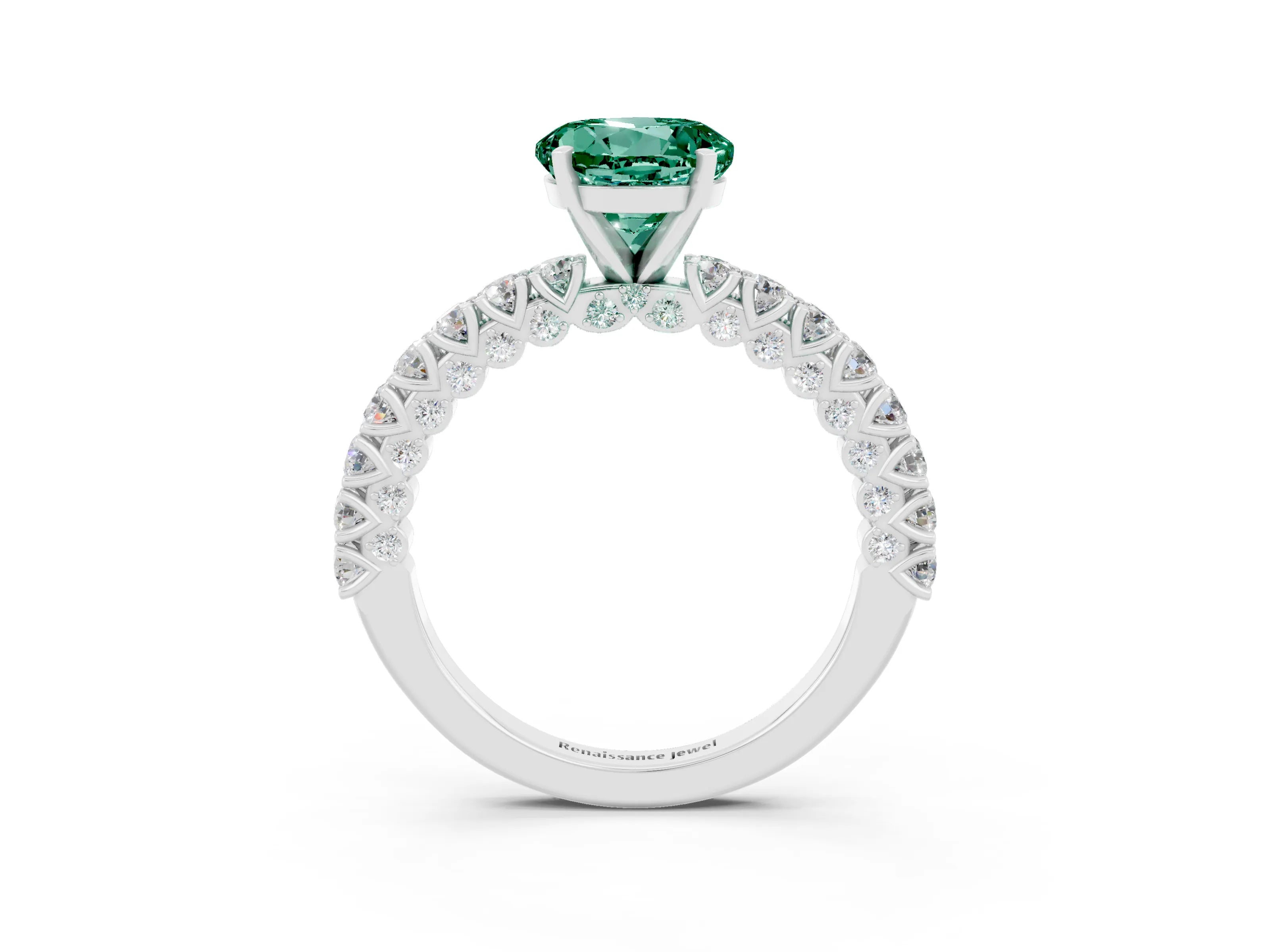 White gold Round Cut Diamond Pavé Band Solitaire Ring with Prong Setting_15