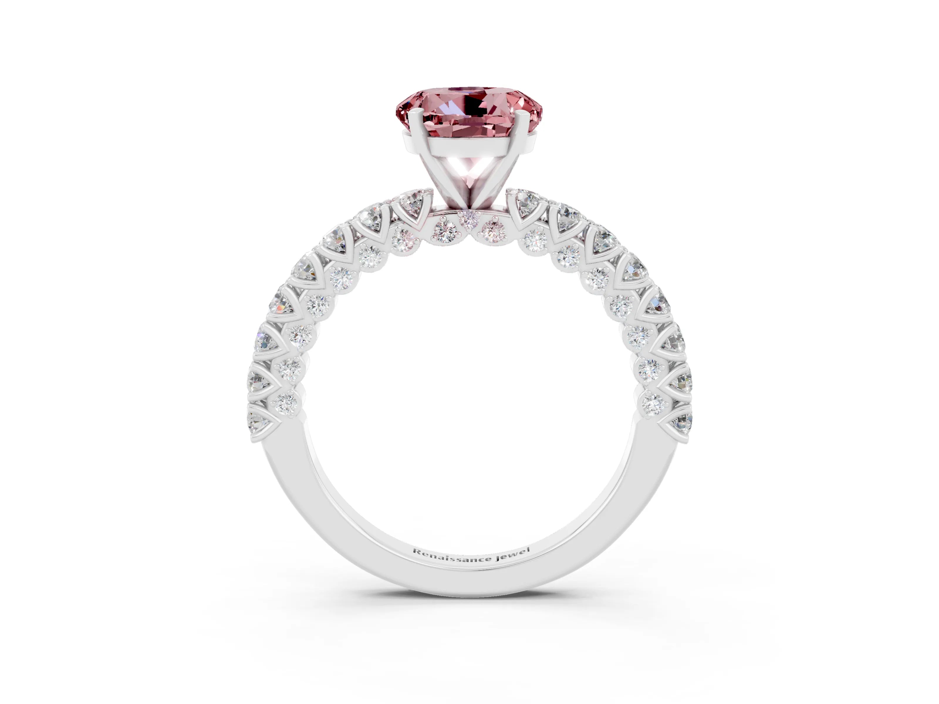 White gold Round Cut Diamond Pavé Band Solitaire Ring with Prong Setting_15