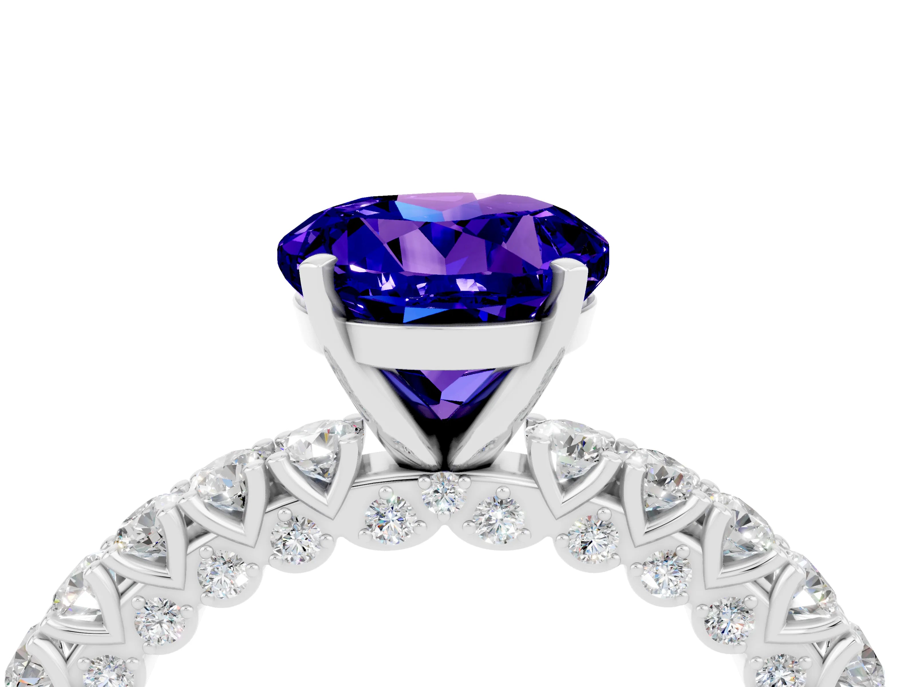 White gold Round Cut Diamond Pavé Band Solitaire Ring with Prong Setting_16