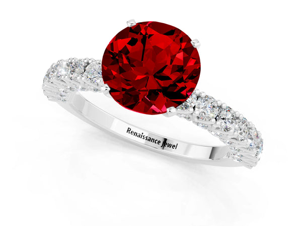 Platinum Round Cut Diamond Pavé Band Solitaire Ring with Prong Setting