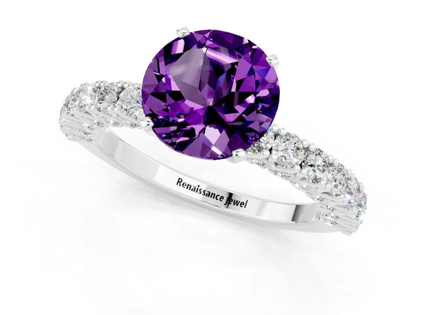 Platinum Round Cut Amethyst Solitaire Ring with Round Accent Pavé Band and Prong Setting