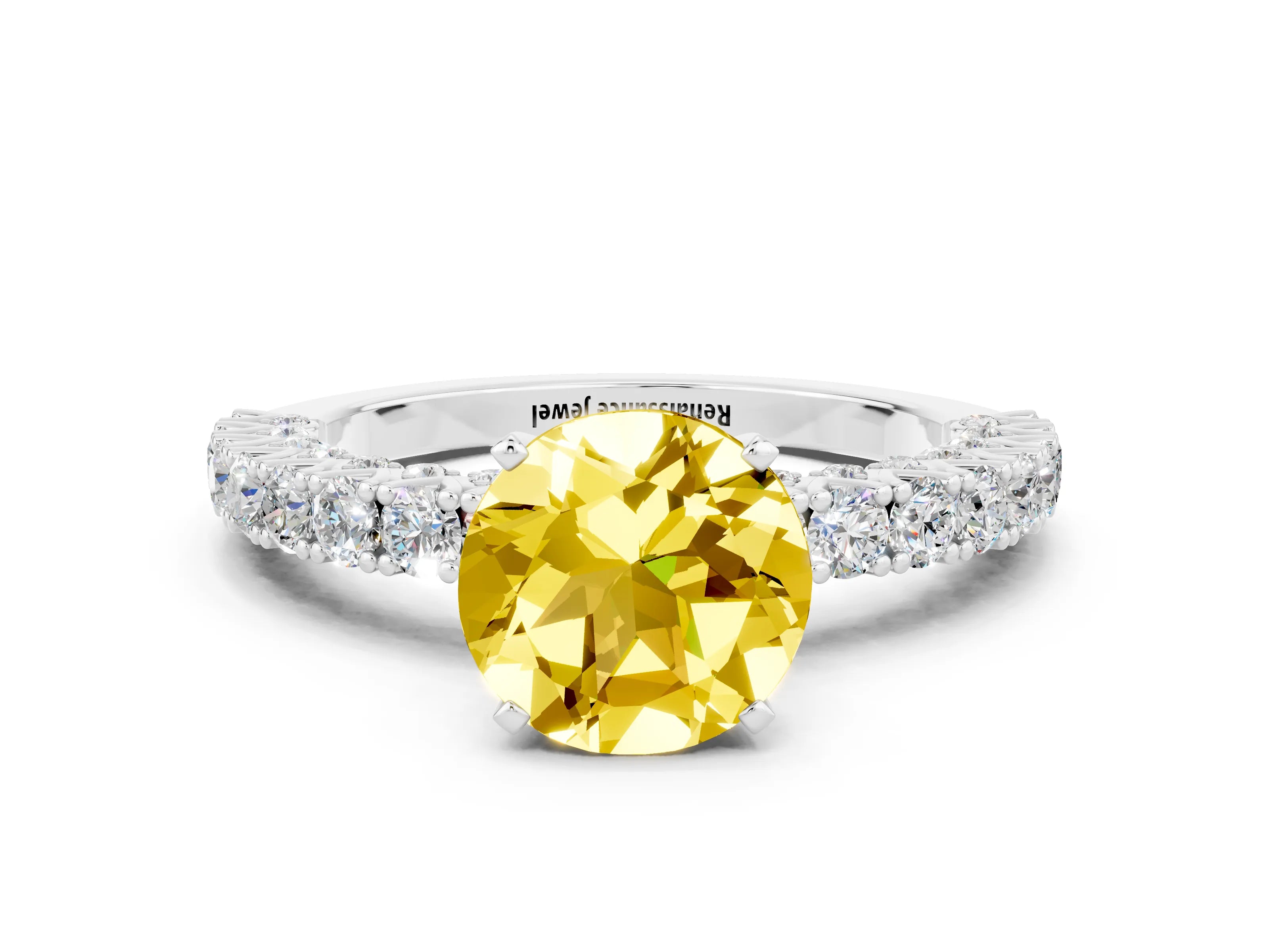 White gold Round Cut Diamond Pavé Band Solitaire Ring with Prong Setting_24
