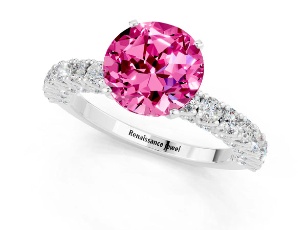 Platinum Round Cut Diamond Pavé Band Solitaire Ring with Prong Setting
